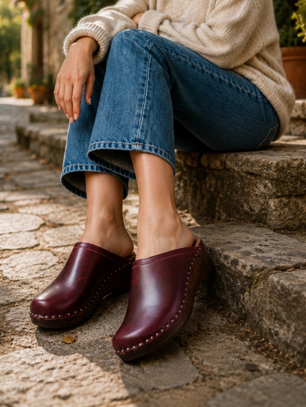 Troentorp Burgundy Leather Swedish Clogs Handmade Wooden Nursing Chef Work Shoes
